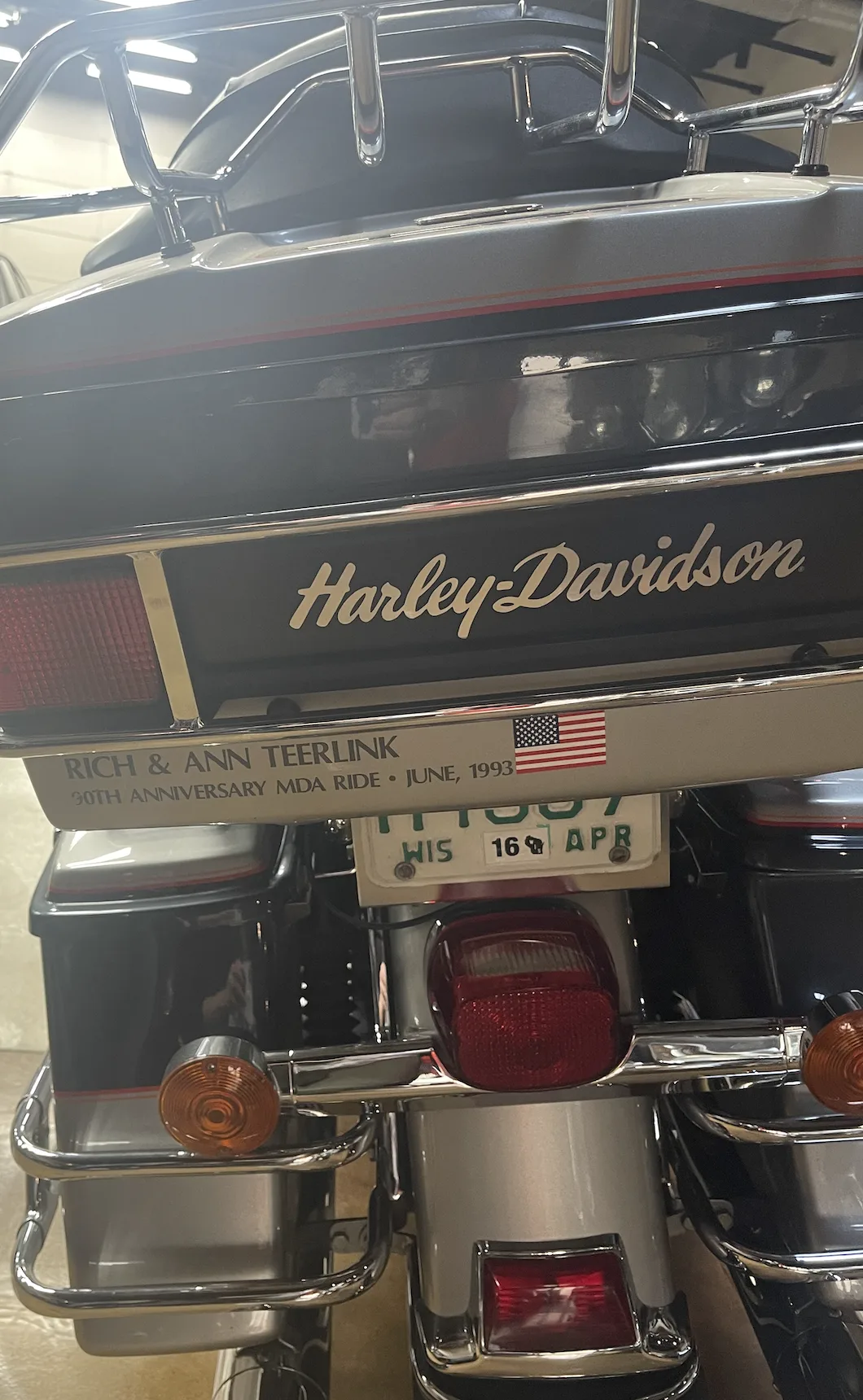 1993 Harley-Davidson touring motorcycle ridden by Rich and Ann Teerlink on the MDA anniversary ride, with commemorative plaque