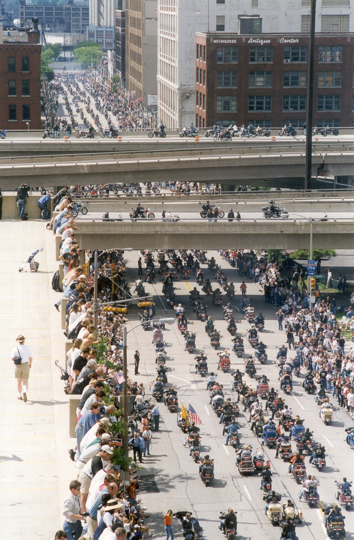 Dense Harley-Davidson city parade from above